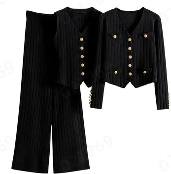 Ladies 3 Piece Outfits Sweater Sets Pullover Crop Top & Knitted Long Cardigan & Wide Leg Pants Suits Autumn Clothes Sets