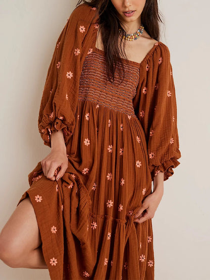 Casual Ladies Floral Print 3/4 Sleeve Loose Dress Summer Square Neck Long Dress Bohemian Women's A-Line Sundress 2023 Streetwear