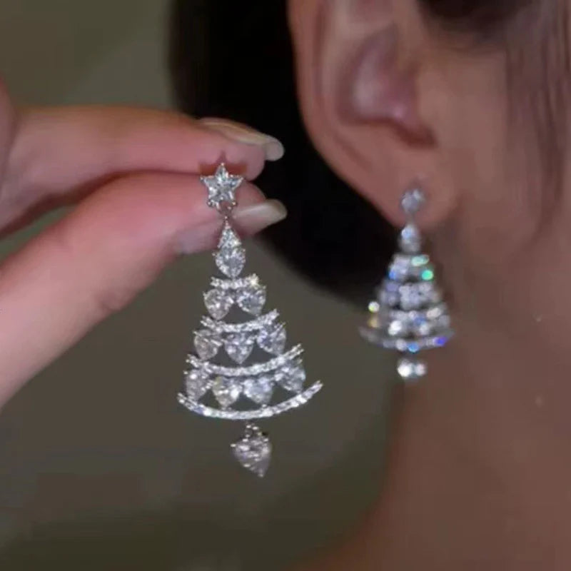 2023 New Zircon Christmas Tree Earrings for Women Shiny Rhinestone Star Pearl Stud Earring New Year Xmas Festival Ear Jewelry