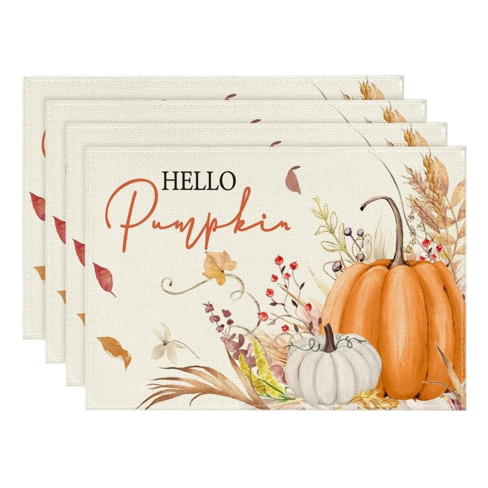 4PCS Thanksgiving Day Table Placemats 30*45cm Linen Autumn Pumpkin Maple Leaf Printed Dining Table Mat Festive Table Decoration