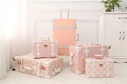 Travel Pu Leather Pink Vintage Suitcase Box Sets Cute Hand Carry-On Luggage For Women Makeup Cosmetic