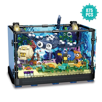 Fish Tank Block Set with Lights, Aquarium, Marine Life, Shark Eco Tank, Block Playset for Kids 6+ Years, Gift for Ocean Lovers