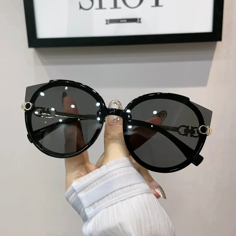 2024 New Vintage Cat Eye Round Sunglasses Women's Korean Version Metal Rimless Gradient Sun Glasses Luxury Shades UV400