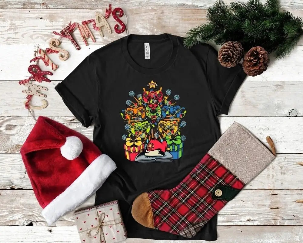 Video Gamer Elf Christmas Tree Controllers Xmas Game Santa Claus Boys Donut Gaming Pajama T Shirt Sweater