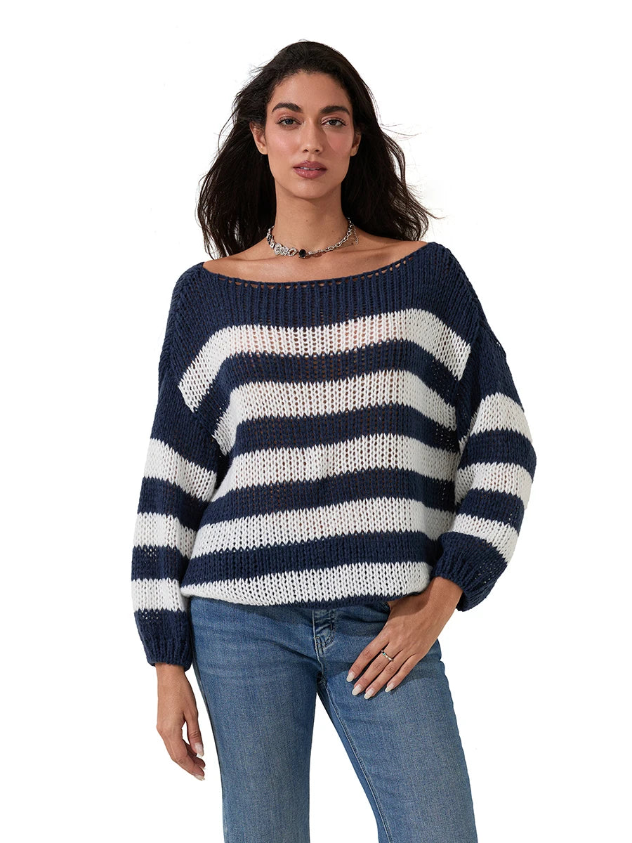 Women s Striped Sweater Vintage Loose Boat Neck Long Sleeve Pullover Tops for Fall Winter