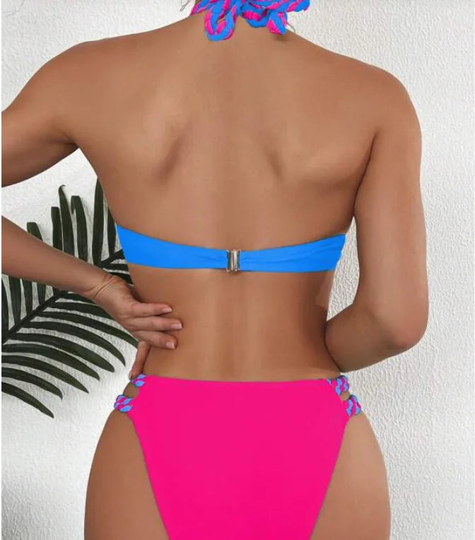 New Women's Bikini Solid Color Beach Holiday Swimsuit with Steel Tracer