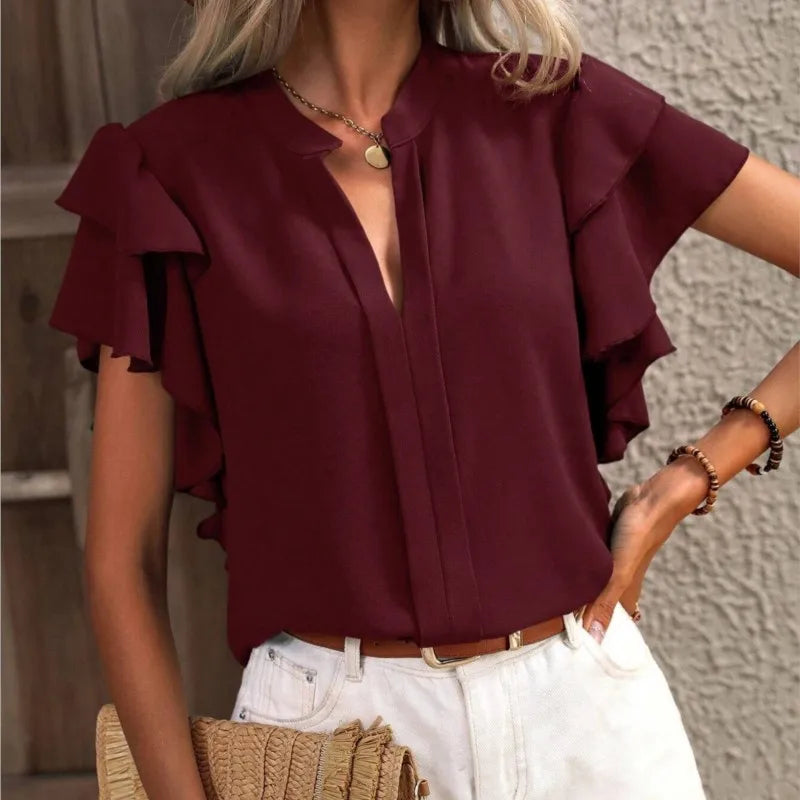 Rose red Elegant Pullover Blouse 2024 Women's Summer New V-neck Casual Double Layered Ruffle Sleeves Solid Color Shirt Top