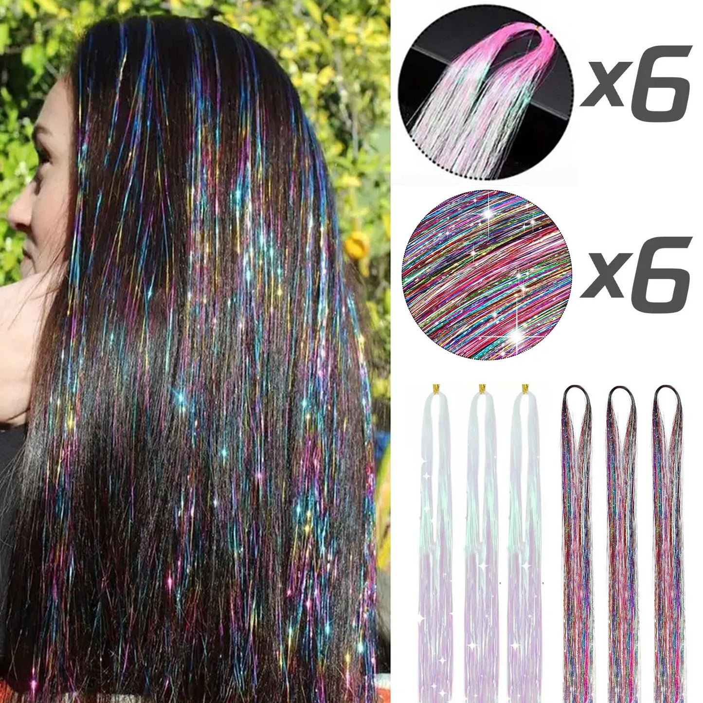 Tinsel Hair Extension 12pcs Glitter Sparkling Shinny Fairy Hair Accessories for Women and Girls for Christmas New Year Halloween