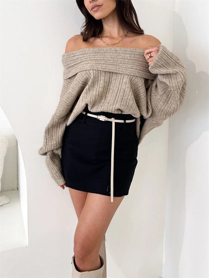 Women s Off Shoulder Sweaters Long Sleeve Solid Color Pullovers Ribbed Knit Tops