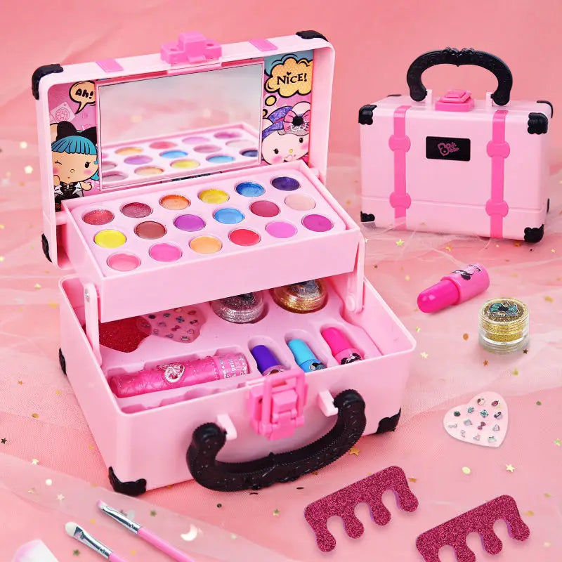 Kids Makeup Box Suitcase Girls Toys Cosmetics Set Simulation Make Up Kit Lipstick Eye Shadow Safety Nontoxic Girls Birthday Gift