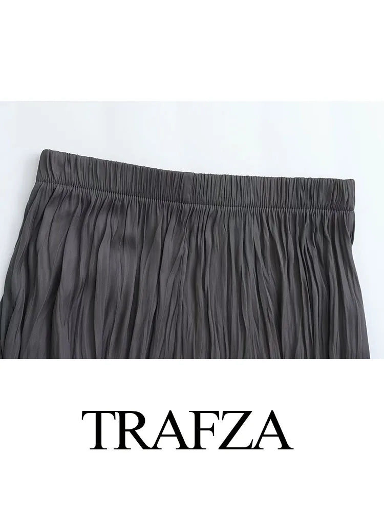 TRAFZA 2024 Summer Elegant Long Skirts Women's Trendy Solid Color Folds Elastic Waist Female New Fashion Casual Loose Skirts