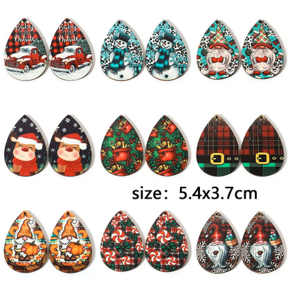 10pcs Multicolor Christmas Wood Pendants Drop Shaped Christmas Tree Snowman Charms DIY Earrings Women Jewelry Gift 5.4cm x 3.7cm