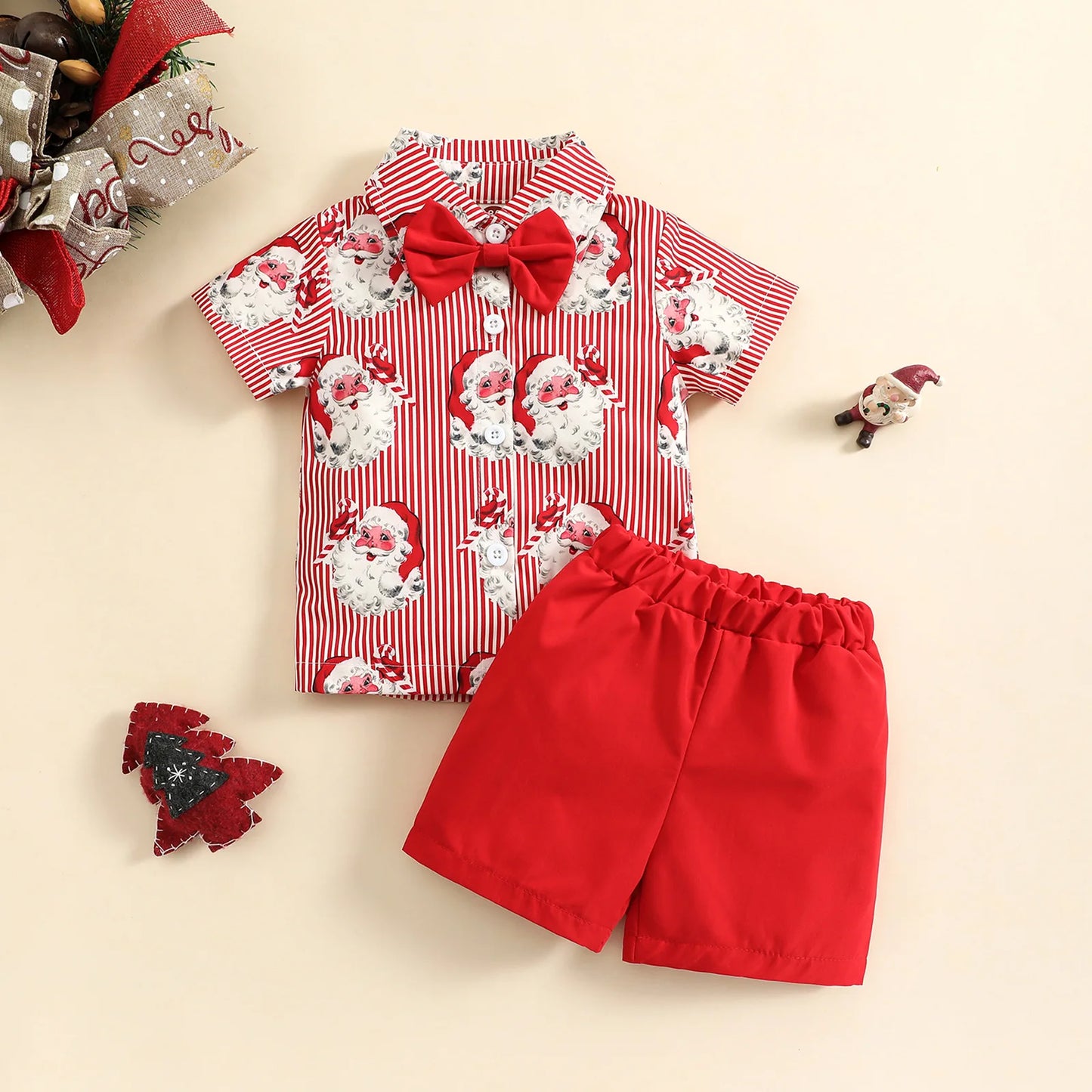 Toddler Boys Christmas Outfits Gentleman Sets For Kids Short Sleeve Deer Shirt and Red Shorts New Year Costume For Children Baby