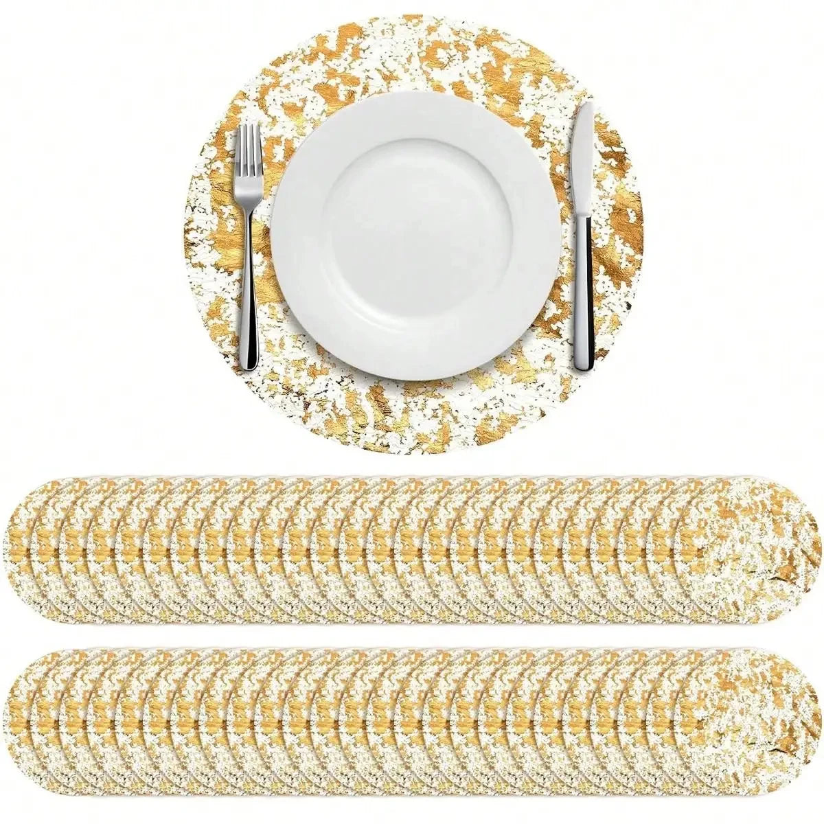 Leeseph Disposable Gold Placemats Set, 13 Inch Round Gold Foil Table Mats for Christmas Party Home Decoration Dining Table