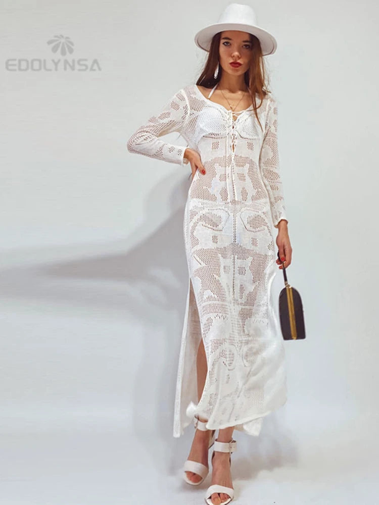 New Arrivals Sexy Beach Cover up Crochet Women Swimwear Rash Guard Beach Kaftan Wrap Dress Robe de Plage Saida de Praia #Q194