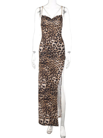 Leopard Print Women Chain Strap Side Slit Maxi Dress Backless Bodycon Sexy Streetwear Festival 2024 Evening Elegant