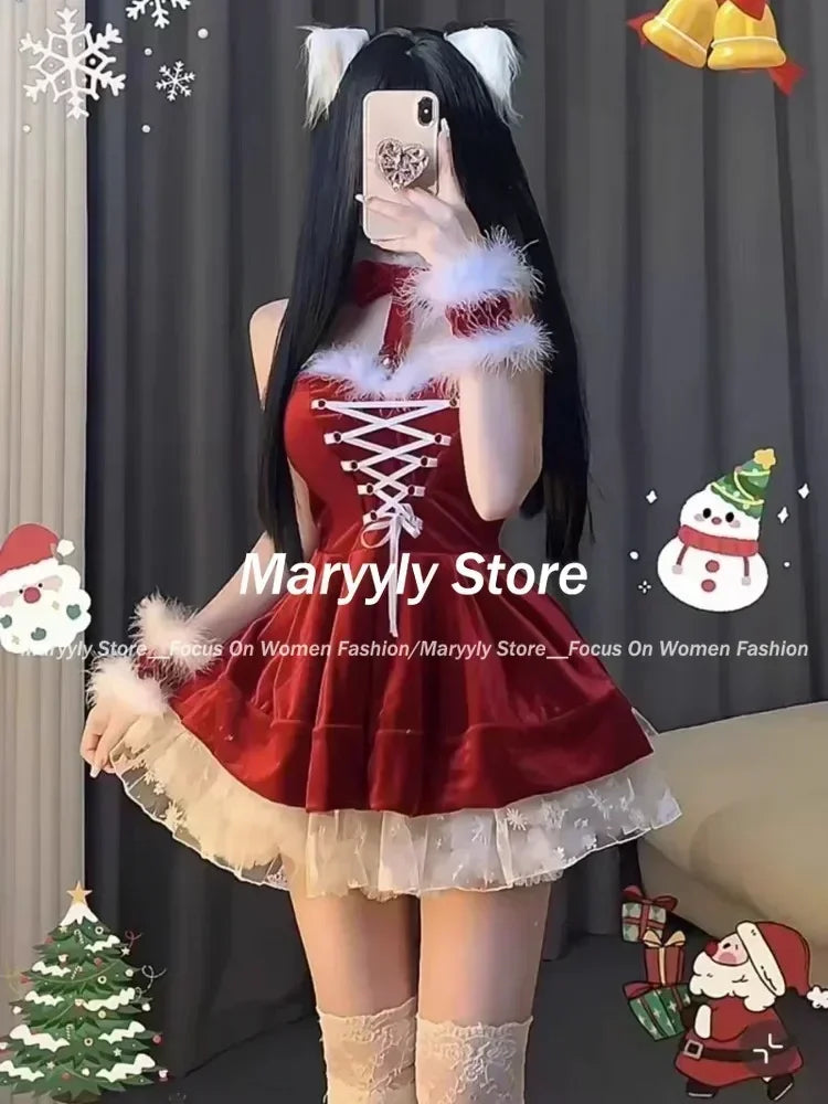 Sweet Christmas Red Mini Dress Women Fashion Lace Plush Patchwork Slim Party Dresses Autumn Winter Female New Year Sexy Clothes