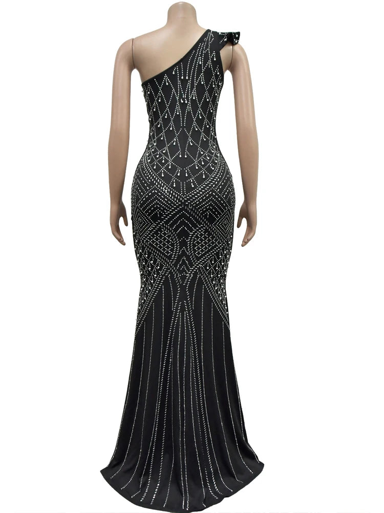 Elegant Single Shoulder Pearls Rhinestone Maxi Dress Long One-Piece Dress Gown Luxury Sequins Woman Party Dress Night Clubwear