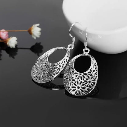 Grace 925 Sterling Silver Carved oval Earrings for Women Retro classic Jewelry fashion party wedding Holiday gifts