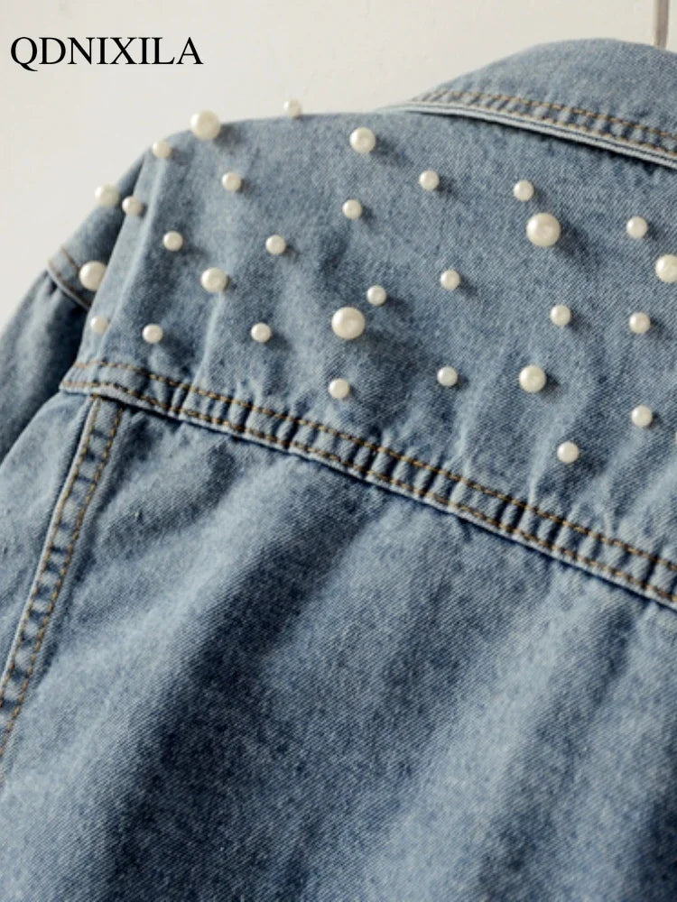 2024 Autumn Trendy Women's Pearl-Studded Denim Jacket Korean Fashion Streetwear Outfits Plus Size Chic Loose Short Jean Jacket