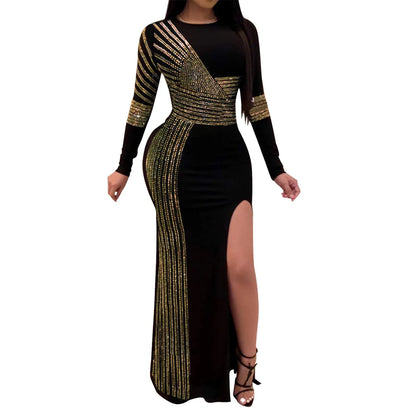 Women Evening Gowns Spring Autumn Long Sleeve Party Dress Rhinestone Glitter Floor Length Split Dress Female Sequined Maxi Dress