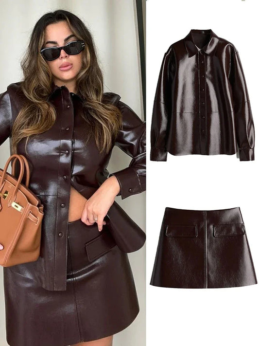 Street PU Leather Sets ﻿for Women 2 Piece O-neck Single Breasted Jackets Sexy Short Skirts 2024 Autumn Locomotive Outfits Lady