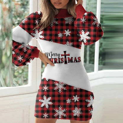 Women Christmas Printing Lantern Sleeve Flannel Party Dress Female Round Neck Sexy Slim Mini Dress Autumn Winter Warm Vestidos