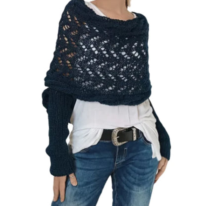 〔CC88〕Autumn and Winter Long Shawl Knitted Hollow Out Fashion Casual Wraps Shoulder Sweater Scarf with Lengthened Double Sleeves