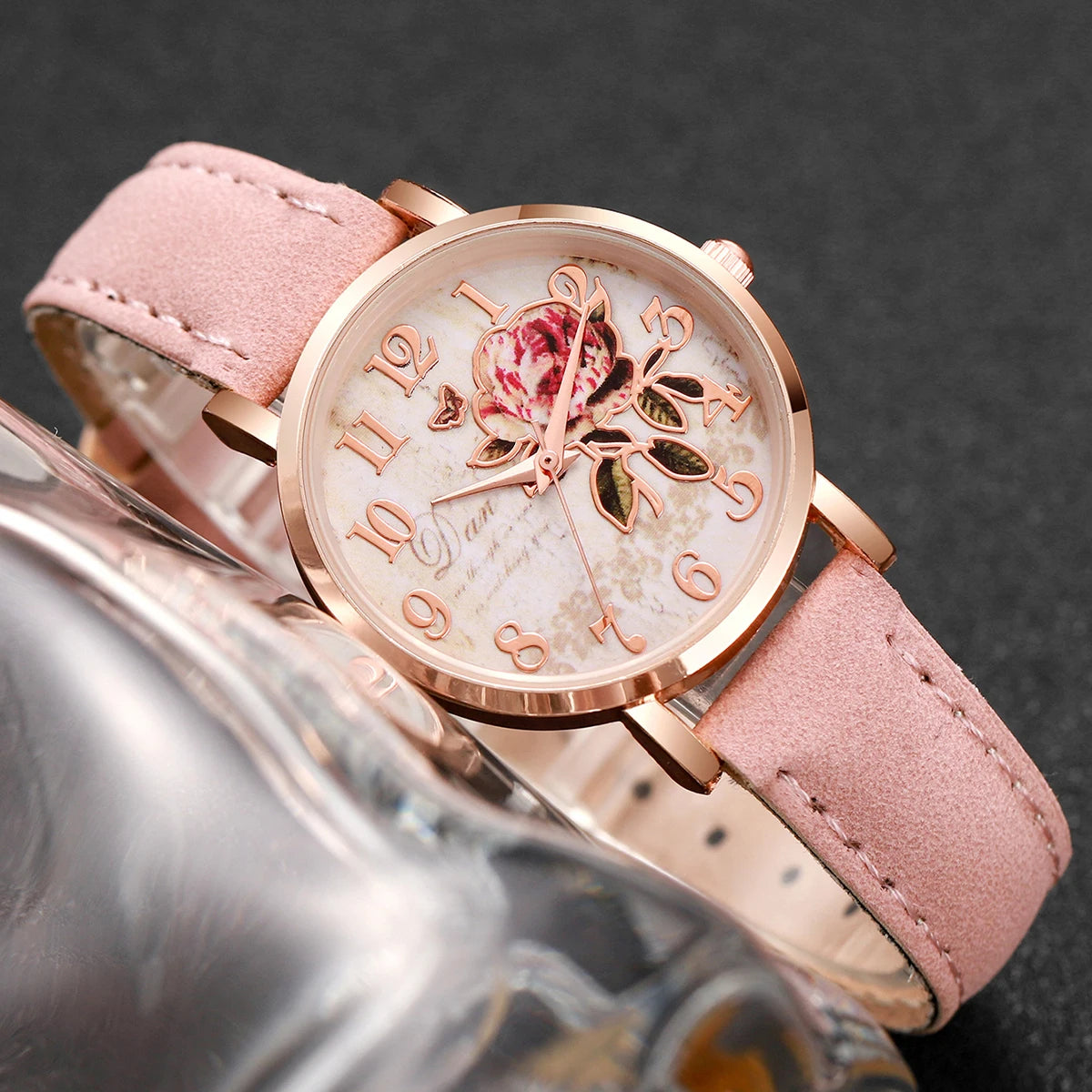 6pcs/set Fashion Women Leather Band Rose Dial Quartz Watch with Pink Bracelet Set (Box not Included）