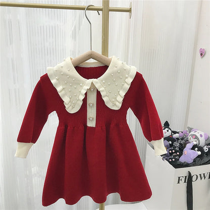 Girls Sweater Dresses Autumn Winter Kids Merry Christmas Pearl Beading Peter Pan Collar Long Sleeve Red Knitted Sweaters Dress