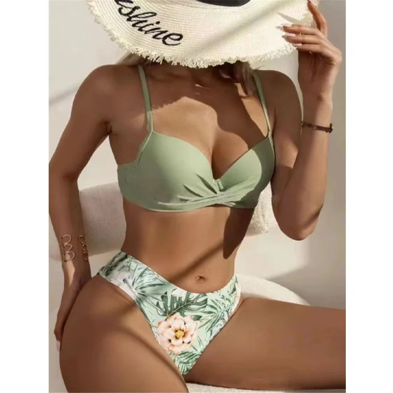 Three Pieces Bikini Set Cover Up Women New Push Up Twist Swimsuit Print Long Sleeve Swimwear Biquini Bathing Suit Summer