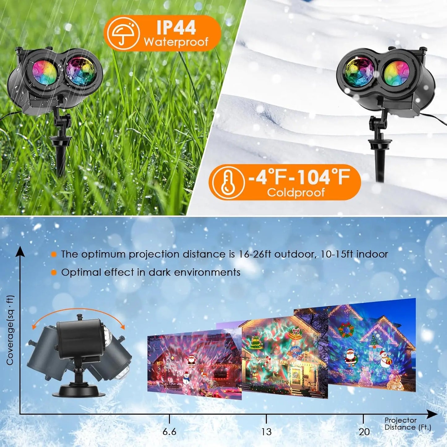 Halloween Christmas Projector Lights Outdoor 16 HD Slides,  2 in 1 Water Wave Lamp with Color Patterns, Timer & Remote for Party