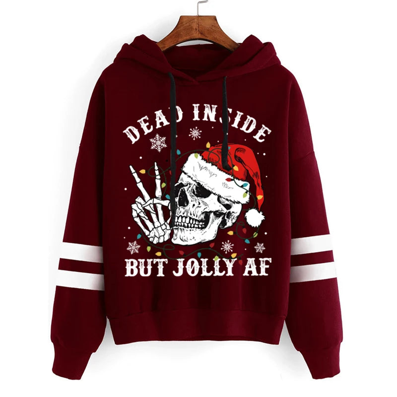 Oversized Hoodie Dead Inside But Jolly Af Christmas Skeleton with Xmas Lights Print Women Hoodies Vintage Aesthetic Sweatshirts