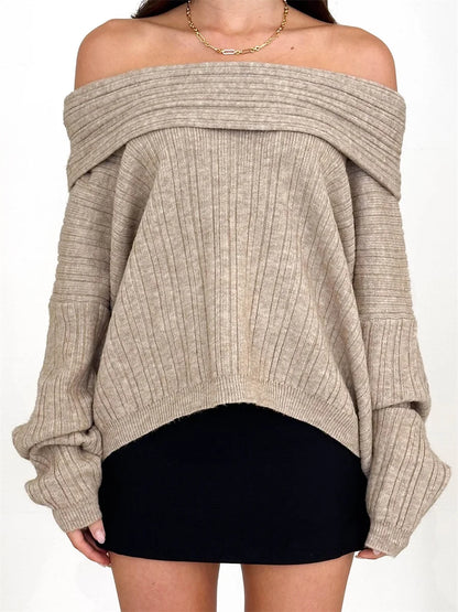 Women s Off Shoulder Sweaters Long Sleeve Solid Color Pullovers Ribbed Knit Tops