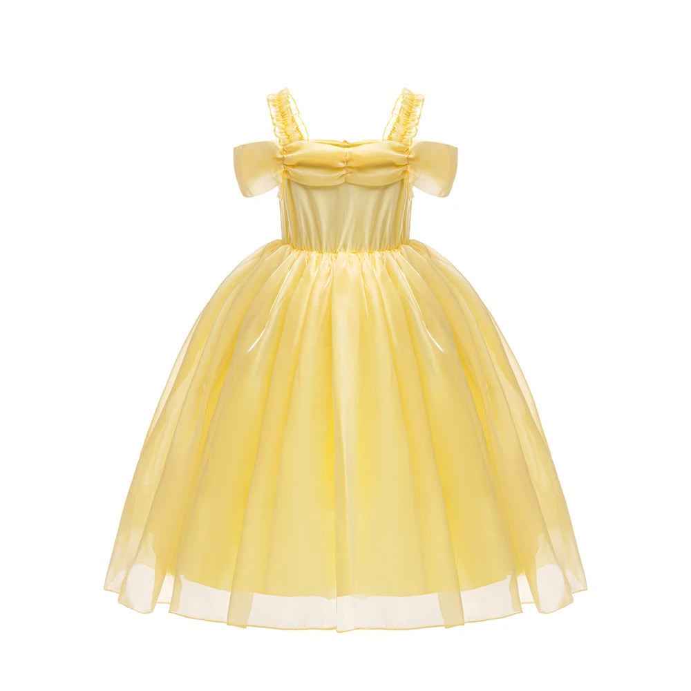 Halloween Girls Princess Belle Dress Up Evening Party Yellow Shoulderless Elegant Long Dresses Beauty Beast Fairy Costume Wig