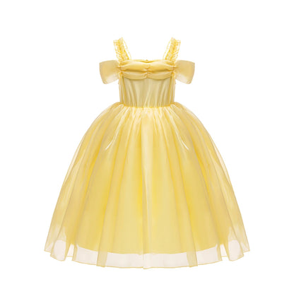 Halloween Girls Princess Belle Dress Up Evening Party Yellow Shoulderless Elegant Long Dresses Beauty Beast Fairy Costume Wig