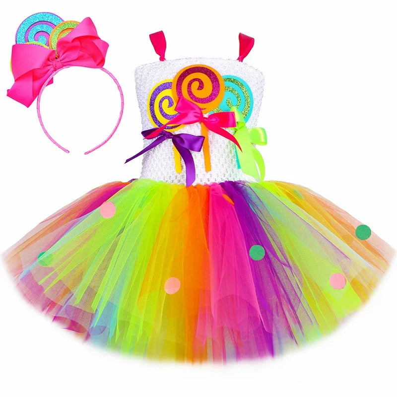 Rainbow Candy Lollipop Costume for Girls Birthday Party Tutu Princess Dress Ball Gown Kids Carnival Christmas Halloween Clothes