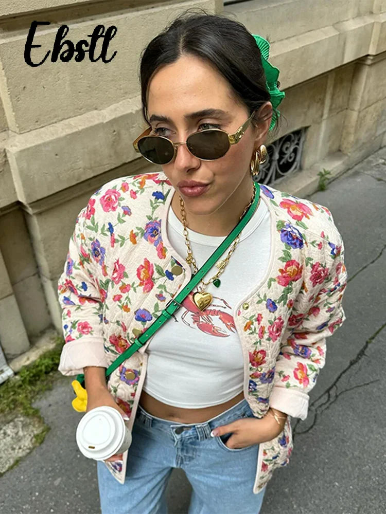 Fashion Floral Print Cotton Coats Women Elegant O Neck Single Breasted Pockets Jacket 2024 Autumn New Lady Casual Top Streetwear