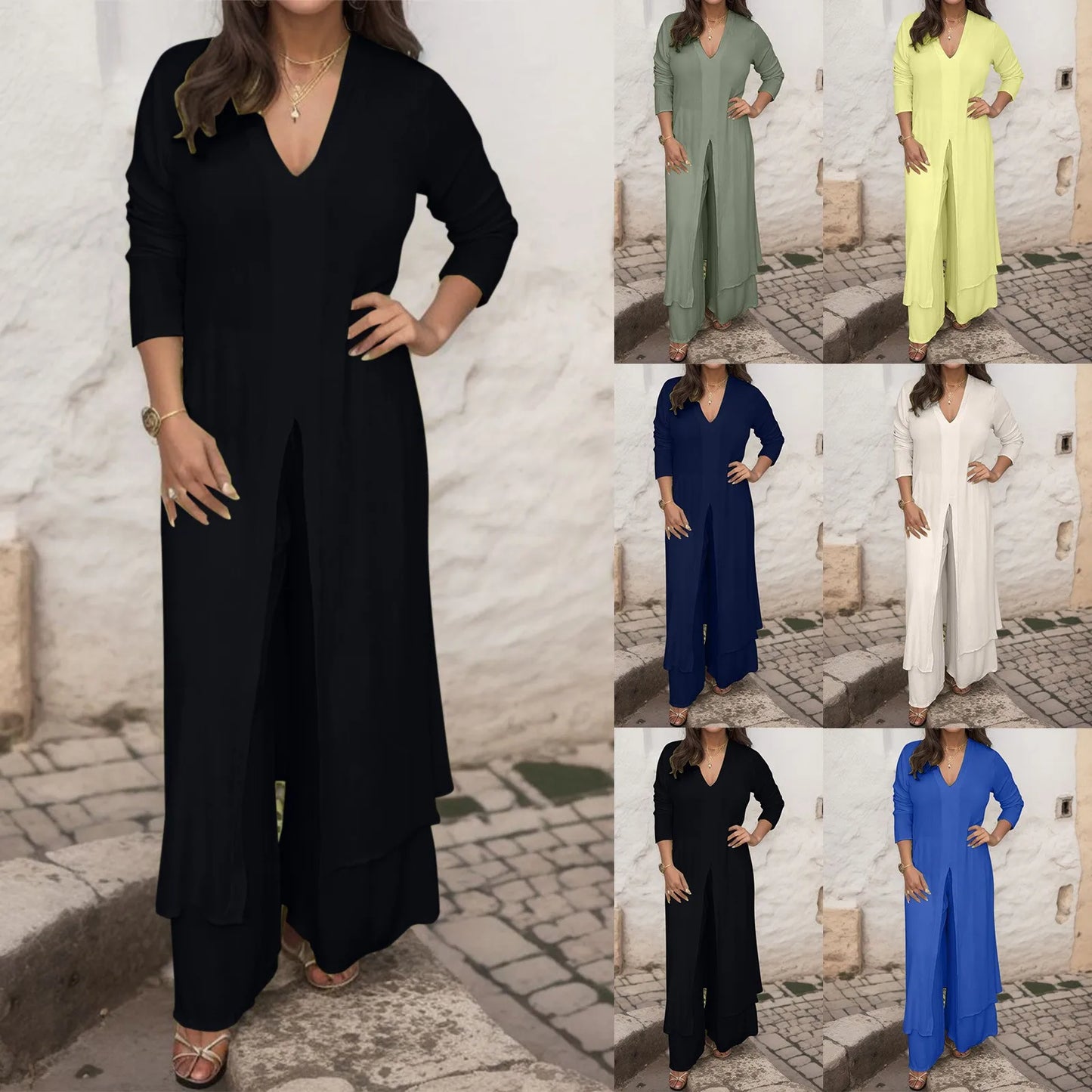 Spring Fall New Women's Set Fashion V-neck Solid Long Sleeve Chiffon Shirt Long Tops+Wide Leg Trousers Suit Casual Two-Piece Set