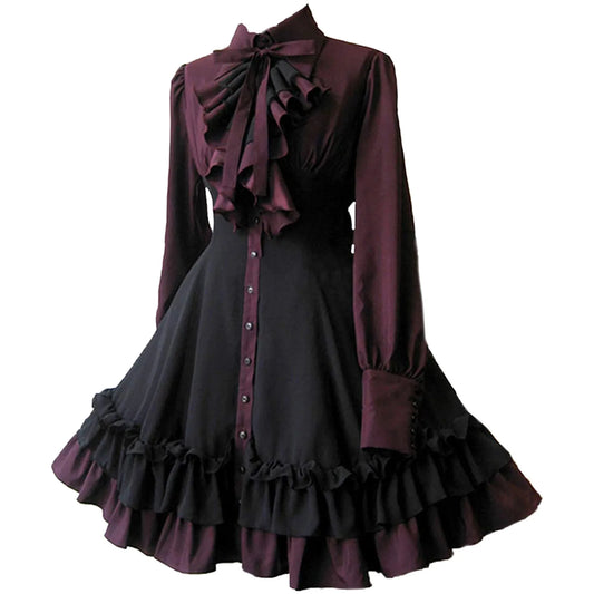 Women Vintage Palace Lolita Dress Bow Collar High Waist Victorian Princess Gothic Dress Renaissance Ruffles Cocktail Party Dress