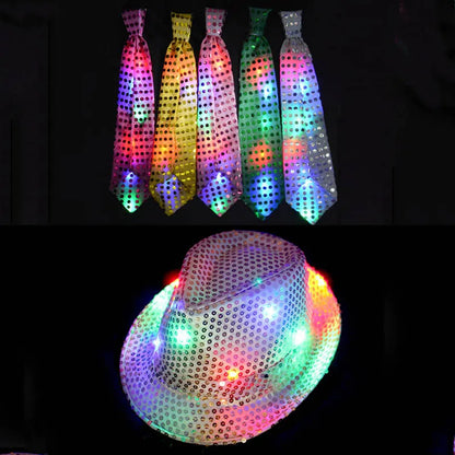 Kids Adult LED Light Up Tie Sequin Jazz Fedora Hat Flashing Neon Party Gift Costume Cap Birthday Wedding Halloween Christmas