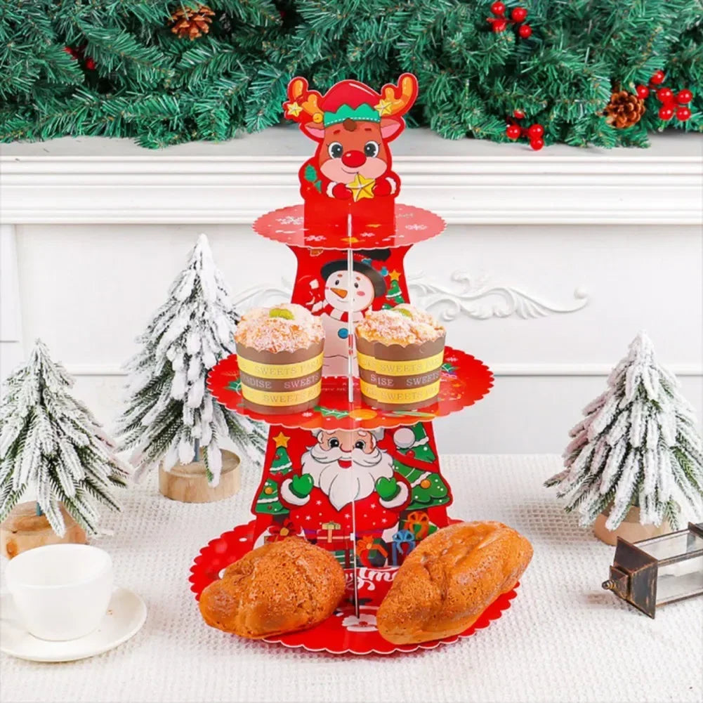 Christmas Cupcake Stand Cake Display Holders 3 Layer Santa Claus Elk Cupcake Table Shelf Merry Christmas Decoration *