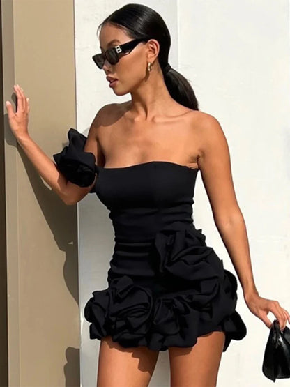 Modphy 2024 Black Pink Mini Dress Women Sexy One Shoulder Sleeveless Slim Ruffled Ruched Design High Street Wear Female Clothes