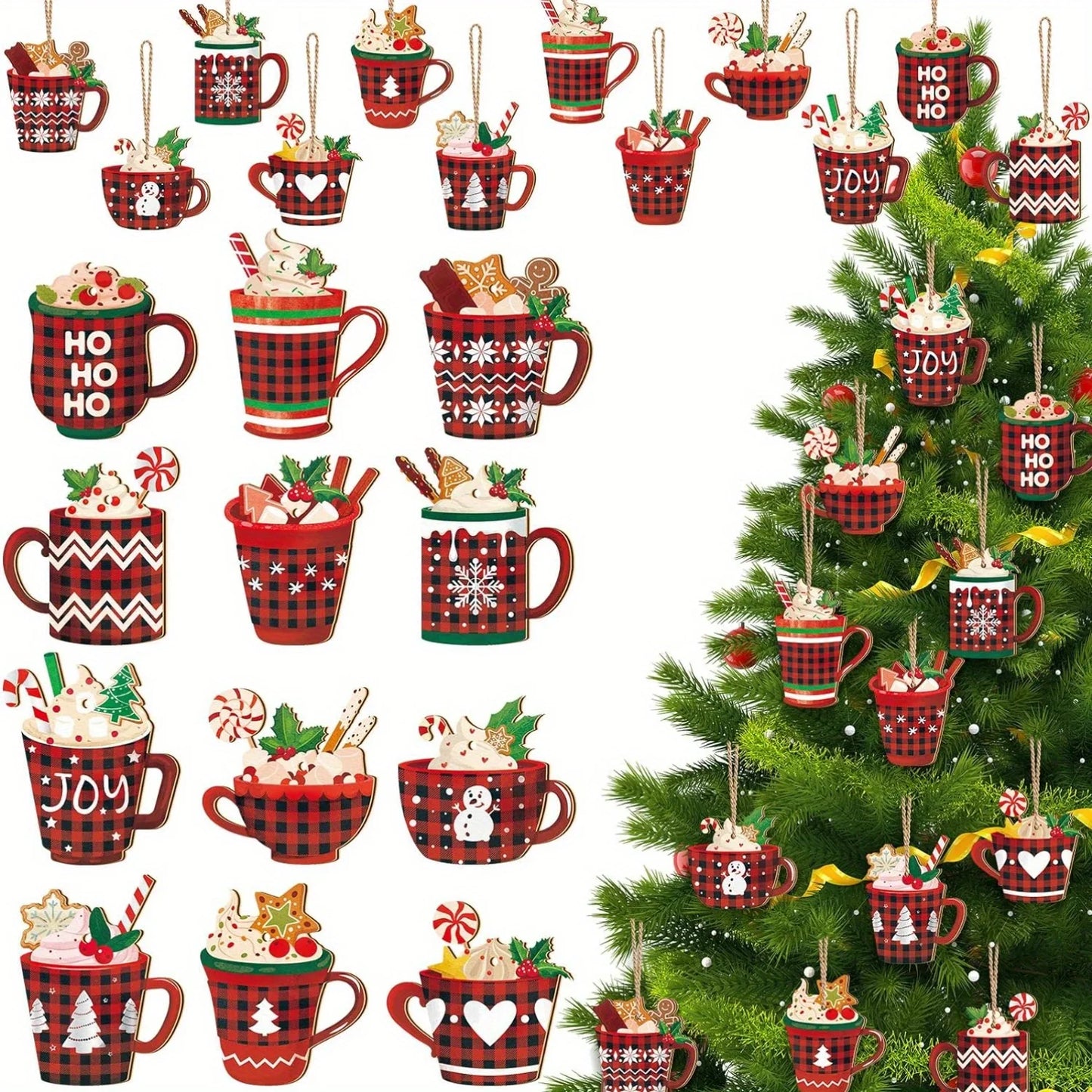 24pcs, Christmas Hot Cocoa Cup Shape, Plaid, Snowflake, Snowman, Evergreen Tree Pattern Christmas Wooden Hanging Ornaments Gift