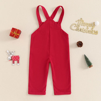 0-4Y Toddler Baby Girls Boys Christmas Overalls Reindeer Embroidered Sleeveless Adjustable Straps Pockets Romper Kids Jumpsuit