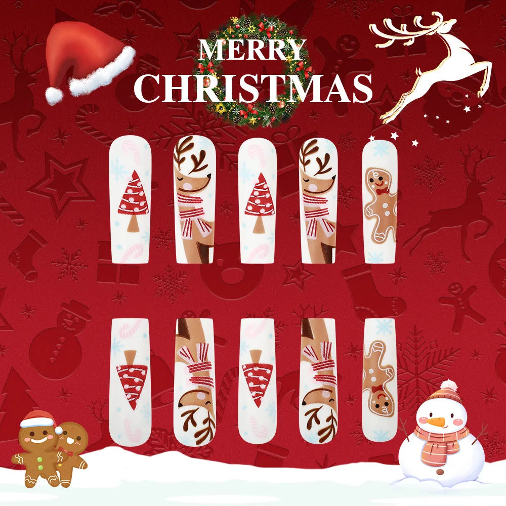 24pcs Long Ballet Christmas False Nails Cute Gingerbread Xmas Tree Fake Nails Women Wearable Full Cover European Press on Nails