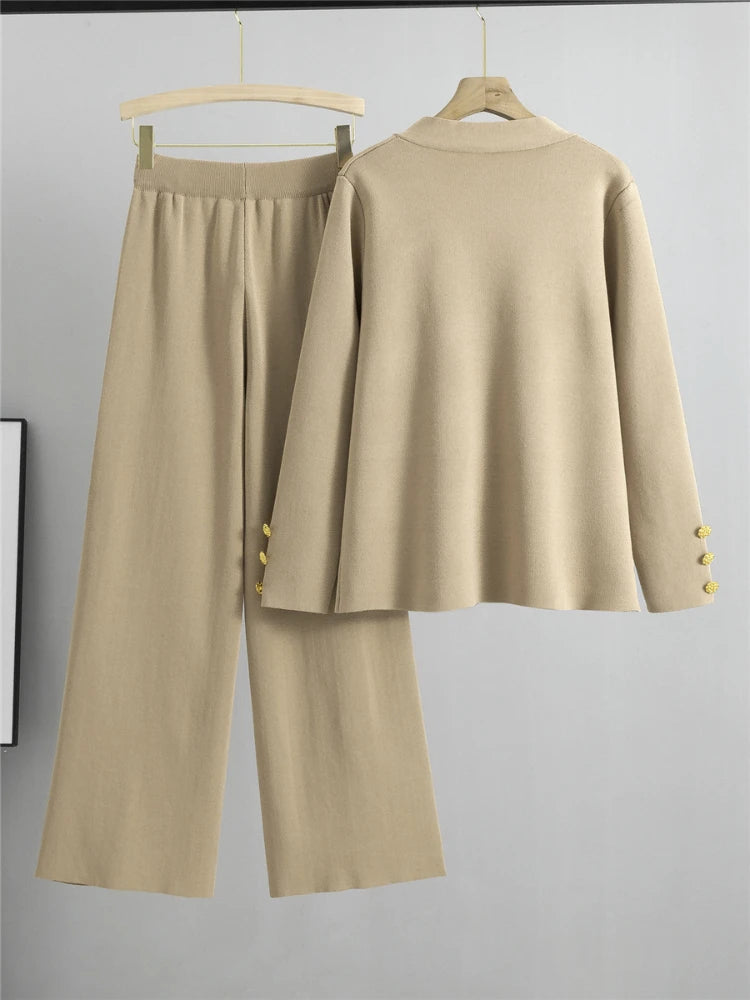 Autumn Winter Women Knit 2 Piece Set New Large Gold Button V-neck Cardigan Coats+High Waist Baggy Wide Leg Pants Sweater Suits