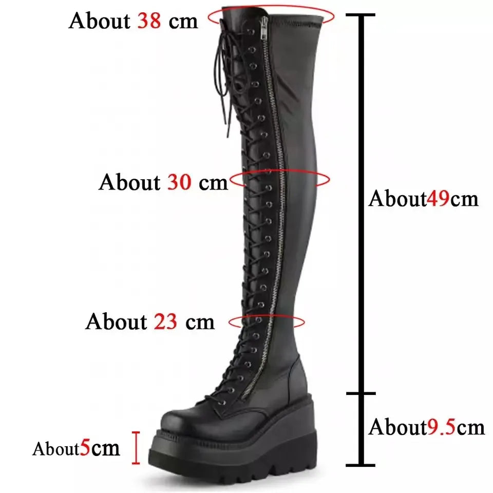 Gothic Thigh High Boots Women Platform Wedges Motorcycle Boot Over The Knee Army Stripper Heels Punk Lace-up Belt Buckle Long