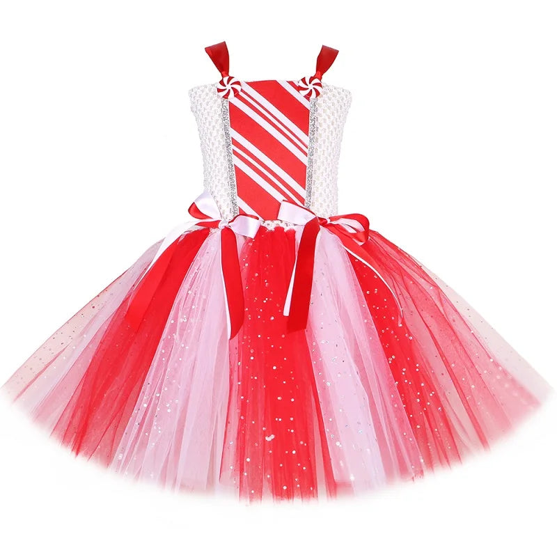 Girls Christmas Candy Cane Tutu Dress Outfits Red White Glittery Mrs Santa Claus Costume for Kids New Year Xmas Party Dresses