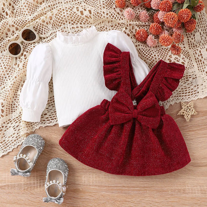 Newborn Clothes 2024 Baby Girl Outfit Set Winter White Lace Collar Top+ Bow Corduroy Red Dress Baby Christmas Clothes Costume